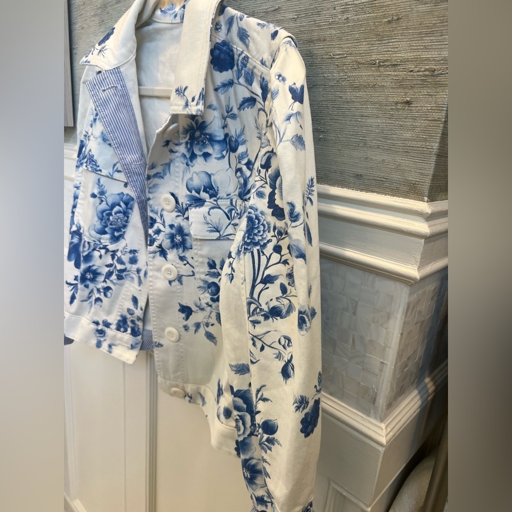 NWT new medium Anthropologie puff sleeve denim jean blue floral utility jacket - Picture 9 of 16